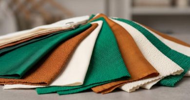 Muestras de telas textiles fluidas en tonos tierra y esmeralda dispuestas de forma geométrica sobre un tablero de diseño.