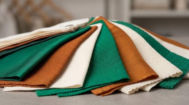 Muestras de telas textiles fluidas en tonos tierra y esmeralda dispuestas de forma geométrica sobre un tablero de diseño.