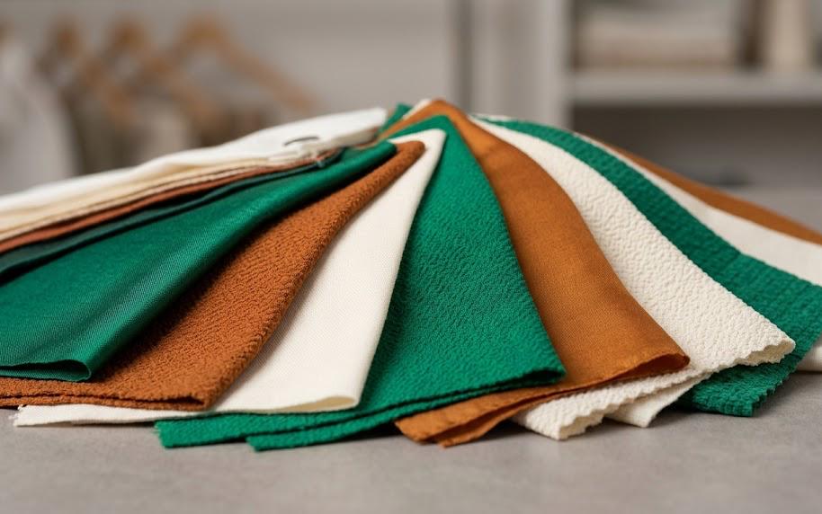 Muestras de telas textiles fluidas en tonos tierra y esmeralda dispuestas de forma geométrica sobre un tablero de diseño.