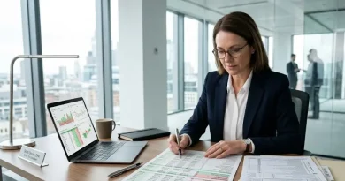 Consultor fiscal analizando minuciosamente formularios oficiales de impuestos y gráficos financieros en su laptop para corregir un rechazo de saldo a favor.