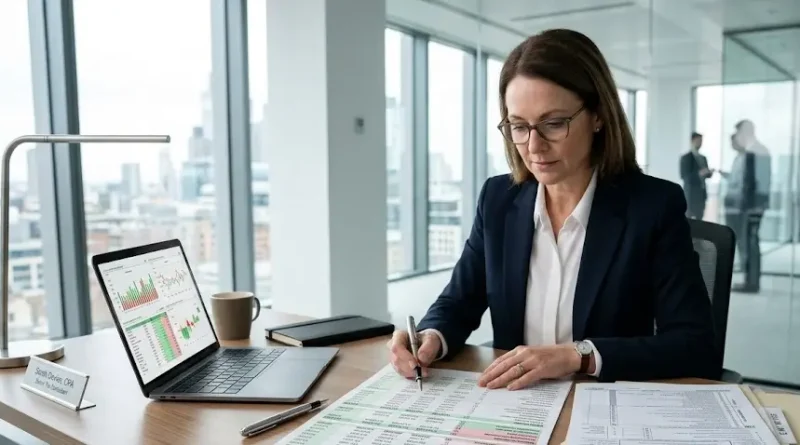 Consultor fiscal analizando minuciosamente formularios oficiales de impuestos y gráficos financieros en su laptop para corregir un rechazo de saldo a favor.