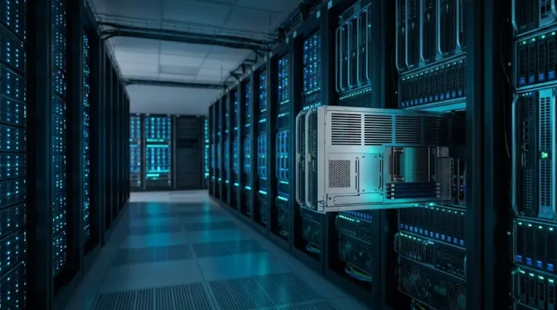 Racks de servidores de alto rendimiento procesando transacciones en cadena de bloques para validar operaciones digitales de carteras unificadas.