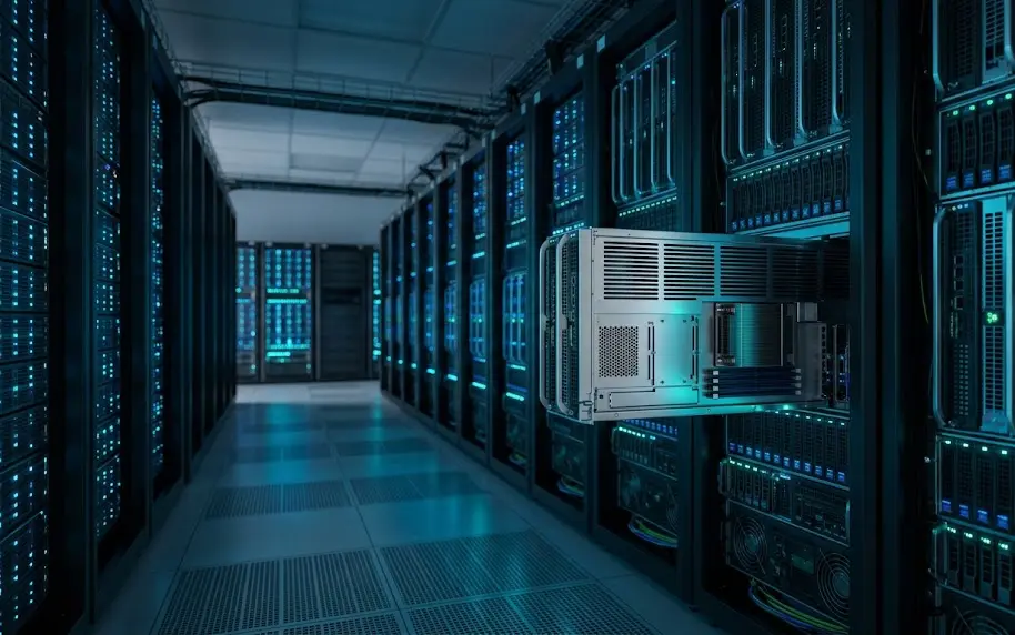 Racks de servidores de alto rendimiento procesando transacciones en cadena de bloques para validar operaciones digitales de carteras unificadas.