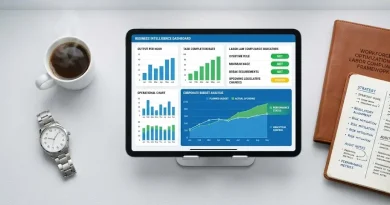 Una pantalla táctil mostrando un cuadro de mando analítico con indicadores verdes de cumplimiento de leyes laborales y balances de horas extras.