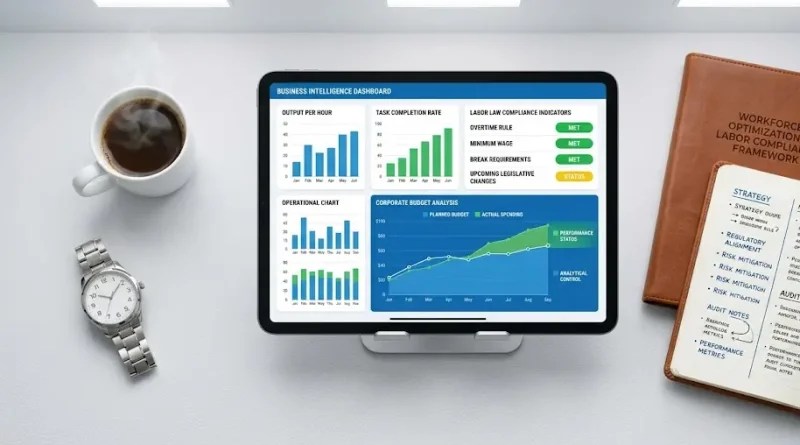 Una pantalla táctil mostrando un cuadro de mando analítico con indicadores verdes de cumplimiento de leyes laborales y balances de horas extras.