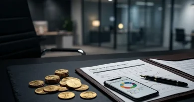 Documentación de estrategia financiera y canastas de activos diversificados sobre la mesa de un asesor patrimonial.