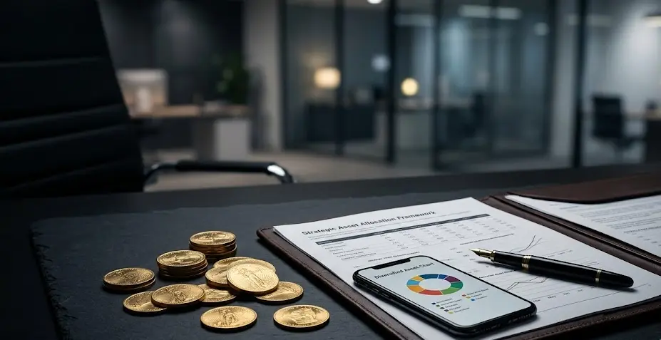 Documentación de estrategia financiera y canastas de activos diversificados sobre la mesa de un asesor patrimonial.