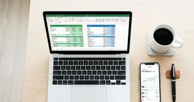 Imagen de una hoja de cálculo en una pantalla junto a un smartphone mostrando una app de seguimiento de cartera cripto organizada.