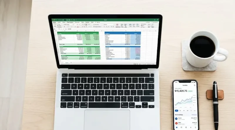 Imagen de una hoja de cálculo en una pantalla junto a un smartphone mostrando una app de seguimiento de cartera cripto organizada.