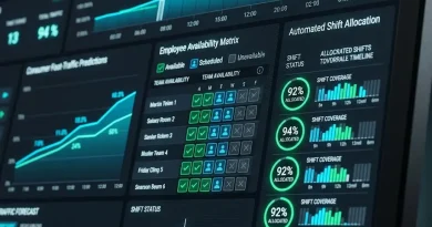 Gráfica digital detallada que muestra la curva de tráfico de clientes y la asignación automatizada de personal operativo.