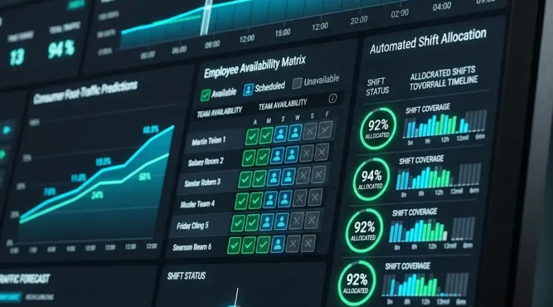 Gráfica digital detallada que muestra la curva de tráfico de clientes y la asignación automatizada de personal operativo.