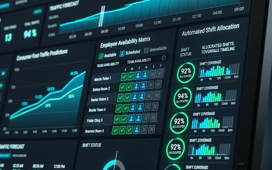 Gráfica digital detallada que muestra la curva de tráfico de clientes y la asignación automatizada de personal operativo.