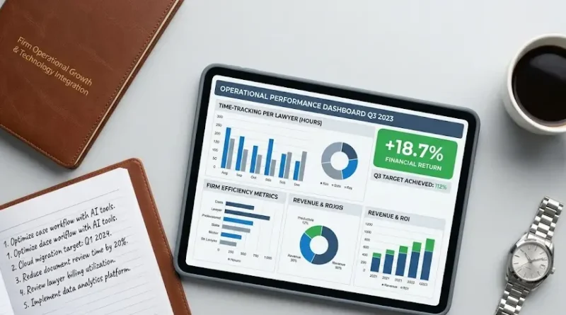 Socio de un bufete analizando gráficos de rentabilidad e informes de horas facturables en una hoja de cálculo digital.