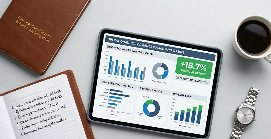 Socio de un bufete analizando gráficos de rentabilidad e informes de horas facturables en una hoja de cálculo digital.
