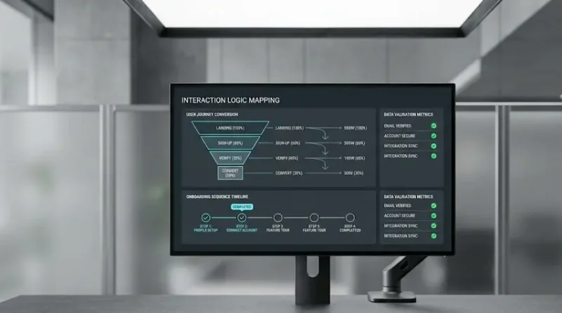 Primer plano de una interacción táctil sobre un mapa digital interactivo de flujos transaccionales e indicadores comerciales de conversión.