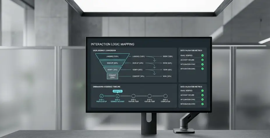 Primer plano de una interacción táctil sobre un mapa digital interactivo de flujos transaccionales e indicadores comerciales de conversión.