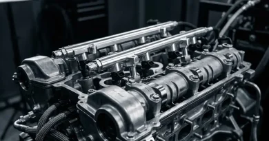 Primer plano técnico de los componentes mecánicos y de inyección del motor Skyactiv de Mazda en una sala de pruebas.