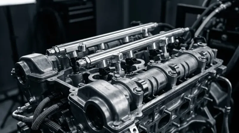 Primer plano técnico de los componentes mecánicos y de inyección del motor Skyactiv de Mazda en una sala de pruebas.