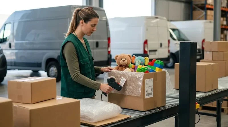 Proceso de embalaje y distribución logística para comprar juguetes en Uruguay con despacho a domicilio.