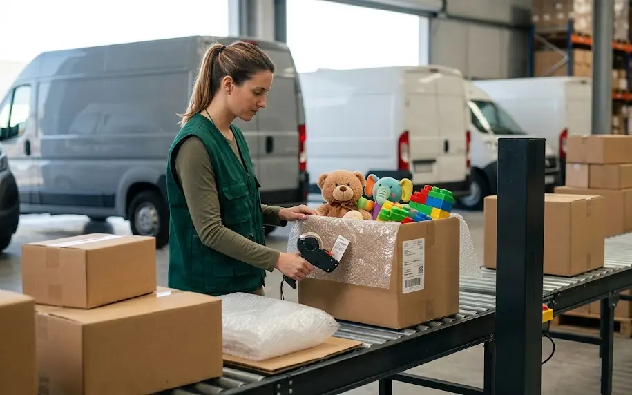 Proceso de embalaje y distribución logística para comprar juguetes en Uruguay con despacho a domicilio.