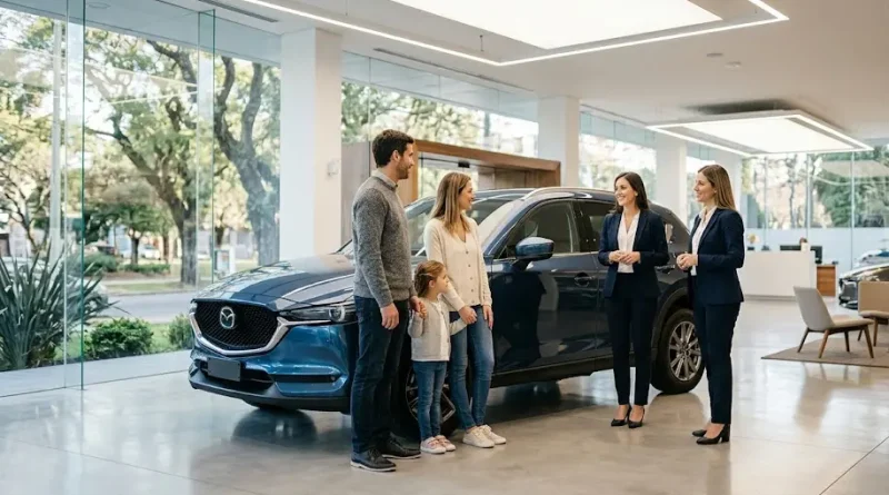 Familia uruguaya celebrando al comprar auto nuevo uruguay en un concesionario oficial de Montevideo.