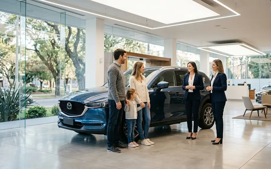 Familia uruguaya celebrando al comprar auto nuevo uruguay en un concesionario oficial de Montevideo.