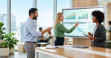 Equipo de trabajo en oficina de diseño moderno logrando una alta productividad con Copilot en su flujo diario de colaboración.