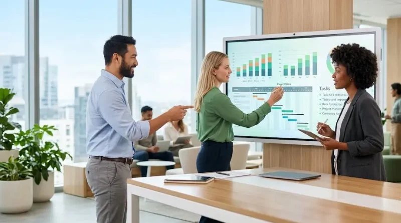 Equipo de trabajo en oficina de diseño moderno logrando una alta productividad con Copilot en su flujo diario de colaboración.