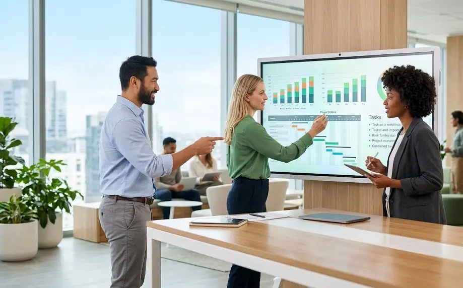 Equipo de trabajo en oficina de diseño moderno logrando una alta productividad con Copilot en su flujo diario de colaboración.