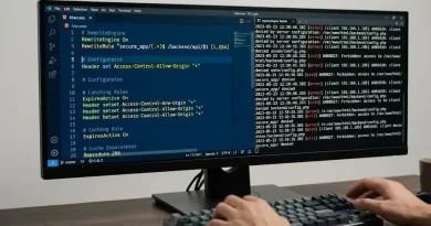 Desarrollador de software analizando líneas de configuración de archivo .htaccess para corregir un error interno de servidor.
