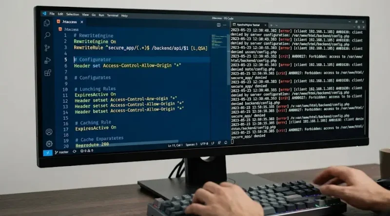 Desarrollador de software analizando líneas de configuración de archivo .htaccess para corregir un error interno de servidor.