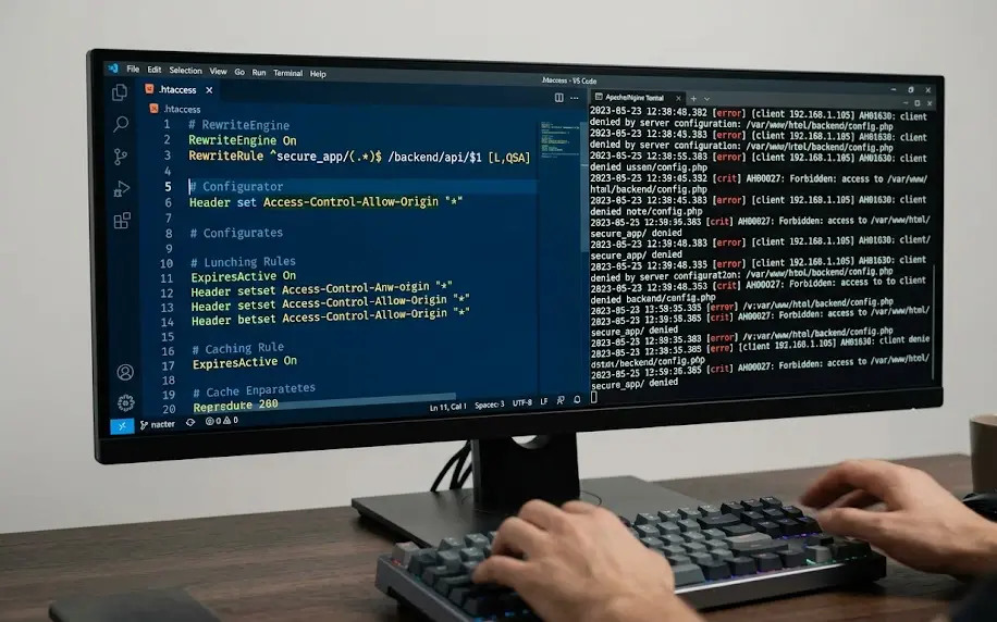 Desarrollador de software analizando líneas de configuración de archivo .htaccess para corregir un error interno de servidor.