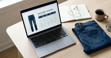 Hombre analizando la moldería de un pantalón de denim frente a una notebook para aprender como saber mi talle exacto.