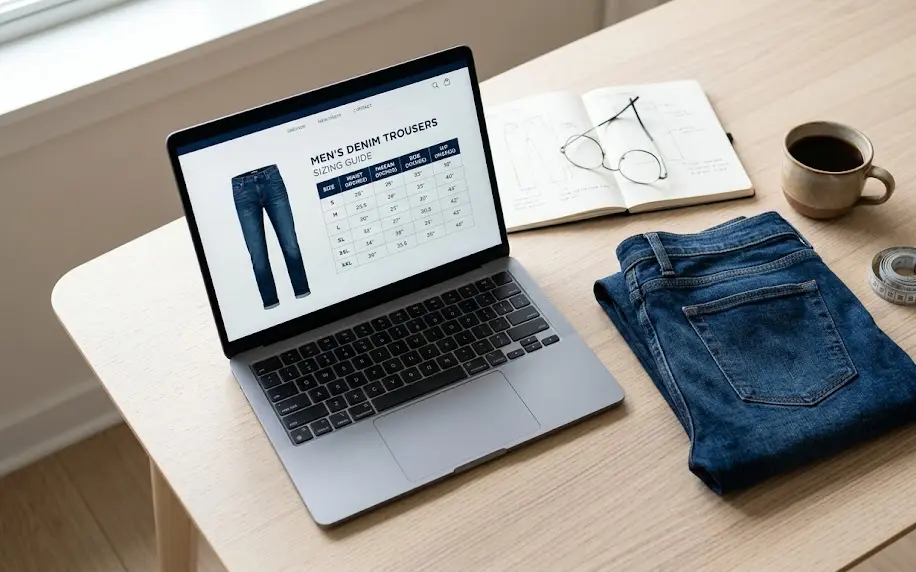 Hombre analizando la moldería de un pantalón de denim frente a una notebook para aprender como saber mi talle exacto.