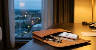 Neceser compacto de viaje abierto con un kit de pedicura profesional y cremas hidratantes sobre una mesa de hotel.