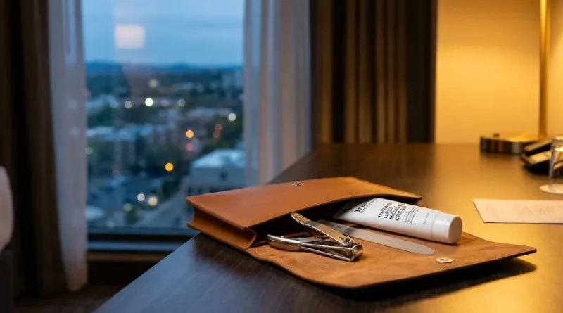 Neceser compacto de viaje abierto con un kit de pedicura profesional y cremas hidratantes sobre una mesa de hotel.