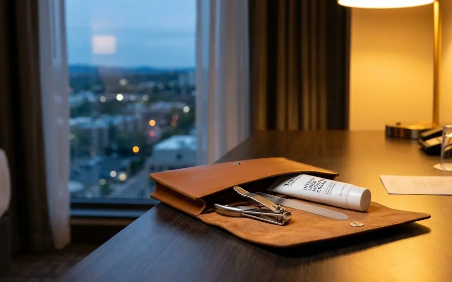 Neceser compacto de viaje abierto con un kit de pedicura profesional y cremas hidratantes sobre una mesa de hotel.