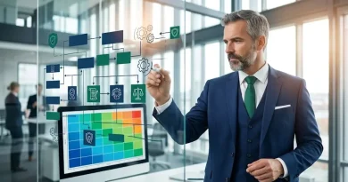 Consultor legal diseñando una matriz de gestión de riesgos legales para mitigar contingencias financieras.