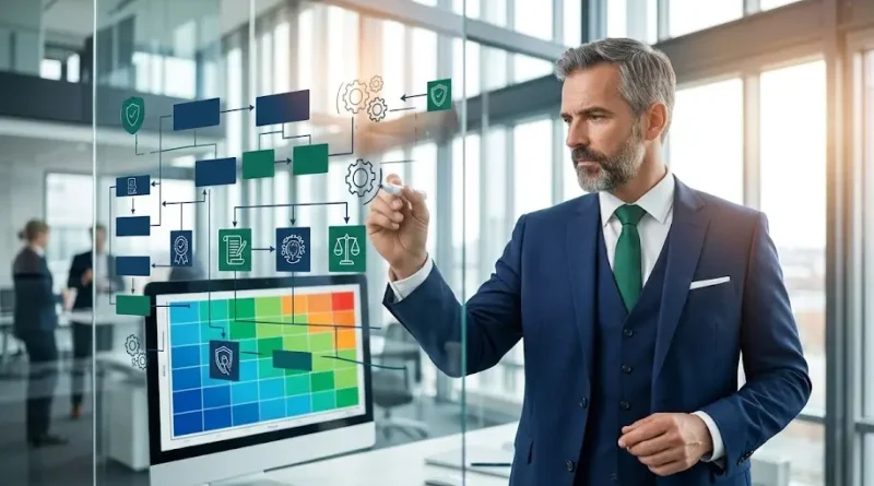 Consultor legal diseñando una matriz de gestión de riesgos legales para mitigar contingencias financieras.