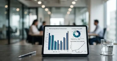 Representante de finanzas corporativas revisando las directrices tributarias del pilar dos de la ocde en una tableta digital dentro de una oficina.
