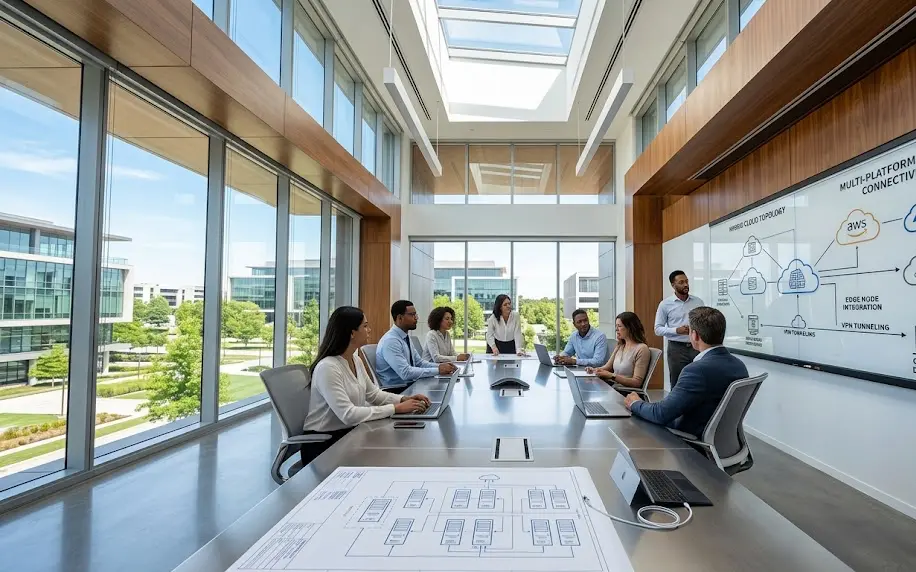 Ingenieros de sistemas analizando diagramas de topología de red híbrida conectados a proveedores de servicios en la nube.