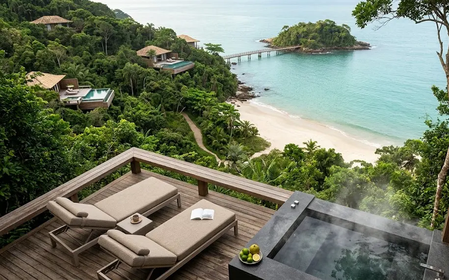 Pareja descansando en un hotel cinco estrellas calificado entre los mejores resorts de Sudamerica.