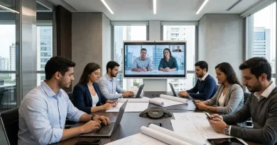 Equipo técnico bilingüe coordinando un despliegue de software internacional mediante una videollamada desde São Paulo.