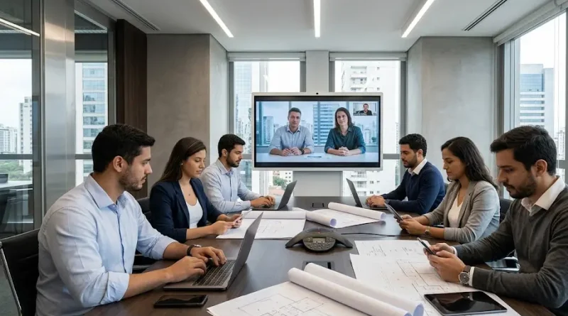 Equipo técnico bilingüe coordinando un despliegue de software internacional mediante una videollamada desde São Paulo.