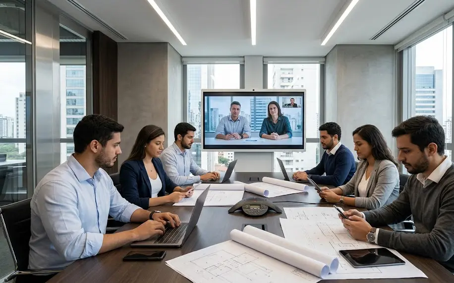 Equipo técnico bilingüe coordinando un despliegue de software internacional mediante una videollamada desde São Paulo.
