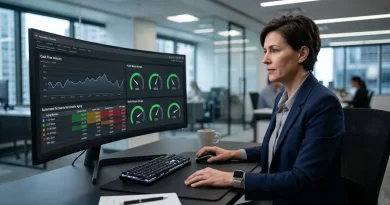 Pantalla de gestión financiera operativa mostrando métricas de contabilidad en tiempo real e indicadores de flujo de caja.