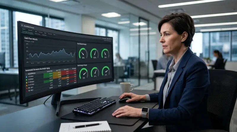 Pantalla de gestión financiera operativa mostrando métricas de contabilidad en tiempo real e indicadores de flujo de caja.