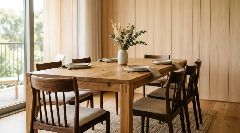 Comparativa de roble nogal y guatambú en muebles de diseño interior.