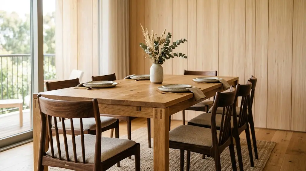 Comparativa de roble nogal y guatambú en muebles de diseño interior.