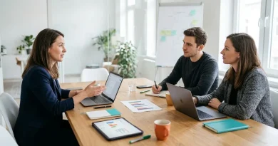 Responsable de marketing de una empresa y especialistas de una agencia de performance comparan en una mesa de trabajo cómo repartir las tareas